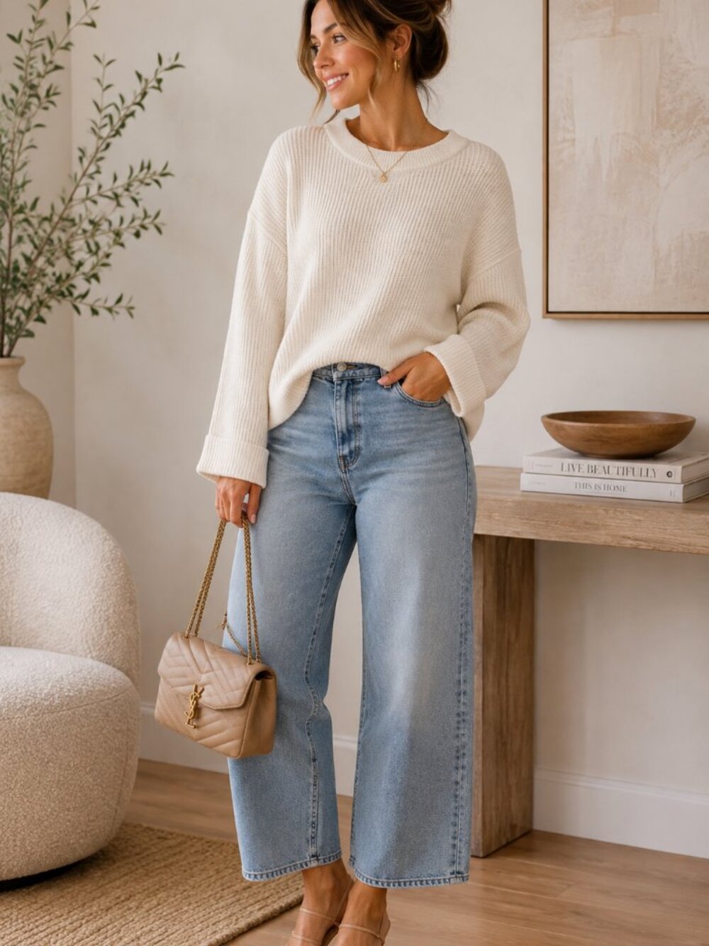 Aerie Large Ivory Oversized Chunky Knit Cotton Blend Crewneck Sweater Relaxed